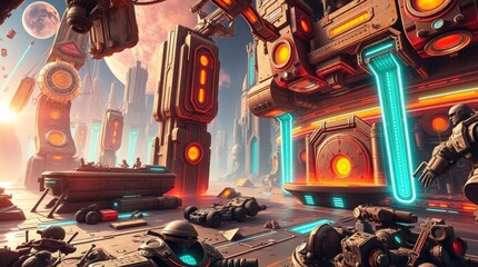 A futuristic sci fi landscape filled with structures and vehicles