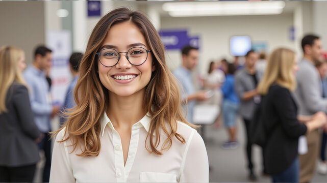 Confident Female Student with Glasses at Summer Internship Fair – Professional Young Woman Networking for Summer Job Search and Career Opportunities - Powered by Adobe