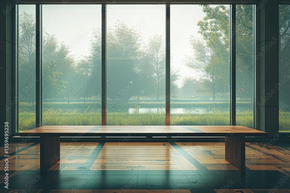 Poster clear pixel visual of empty meeting room with large windows and a wooden table