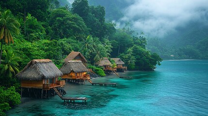 Traditional Samoan village nestled by the coast with open sided fale