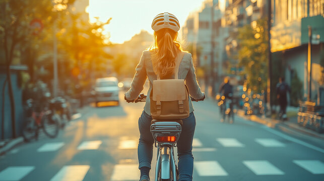 Woman cycling through a city street during sunset   - Powered by Adobe