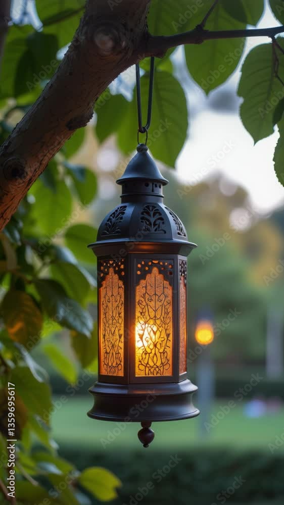 Poster elegant decorative lantern hanging from a tree branch surrounded by lush green leaves, glowing softl