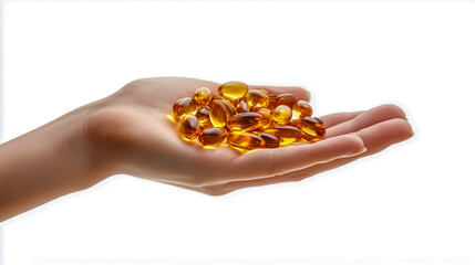 Obraz premium Hand holding a pile of golden capsules on a white background 