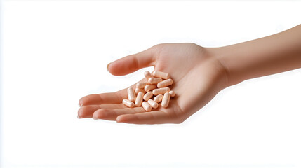 Obraz premium Hand holding capsules on white background 