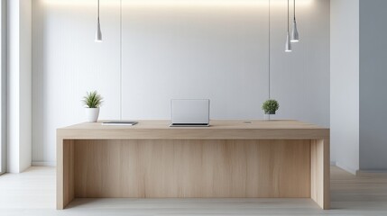 Modern minimalist reception desk in a bright, clean office space.  Wooden desk with a laptop, small plants, and minimalist lighting