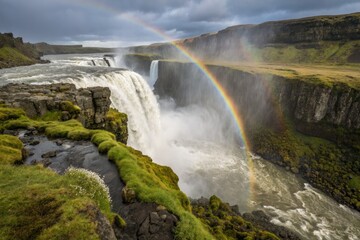 Obraz premium Iceland's Dettifoss roars, a rainbow arched across its cascading power. Double exposure captures nature's breathtaking spectacle.