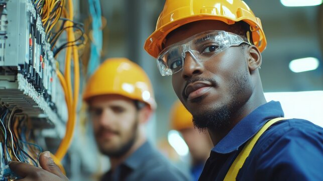 A diverse group of electricians at a training session, practicing electrical installations.