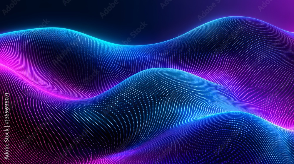 Poster colorful abstract rendering depicting flowing wave like particle formations