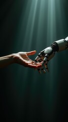 Human hand reaching out to robotic hand in symbolic gesture of connection between humanity and artificial intelligence, future technology concept.