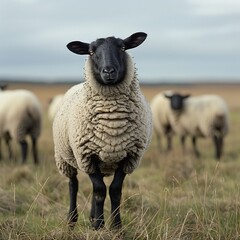 Obraz premium Suffolk sheep Ovis aries standing proudly in an open pasture its black face and legs contrasting with its thick white wool Other sheep graze in the background