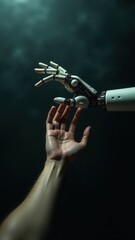 Naklejka premium Human hand reaching out to robotic hand in symbolic gesture of connection between humanity and artificial intelligence, future technology concept.