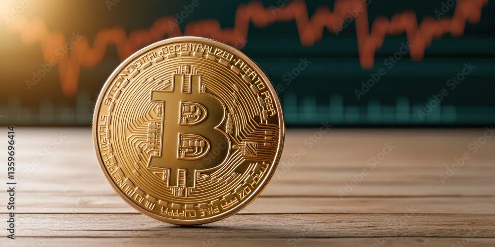 Poster digital currency coin representing growth in cryptocurrency value, with background chart showing upw