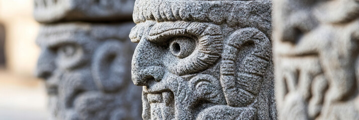Close-up of Carved Stone Face with Background Figures