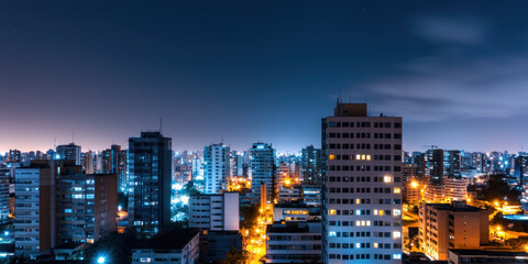 vibrant nighttime cityscape filled with illuminated buildings, showcasing beauty of urban life. skyline is alive with lights