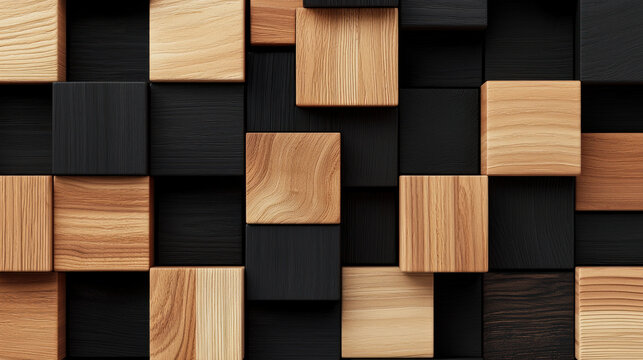 Natural wood blocks arranged in geometric pattern on dark background, showcasing various textures and colors