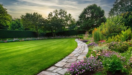 Obraz premium Stone lined garden border surrounding lush flowerbeds and green lawn