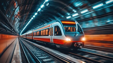 Obraz premium Futuristic Train Speeding Through Neon-Lit Tunnel with Modern Design