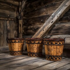 Rustic Wooden Buckets on Old Wooden Background