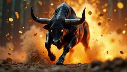 Powerful Bitcoin bull running through flames, representing cryptocurrency surge, investor optimism, and digital asset strength.