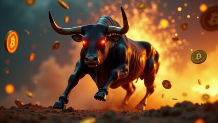 Powerful Bitcoin bull running through flames, representing cryptocurrency surge, investor optimism, and digital asset strength.