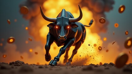Powerful Bitcoin bull running through flames, representing cryptocurrency surge, investor optimism, and digital asset strength.