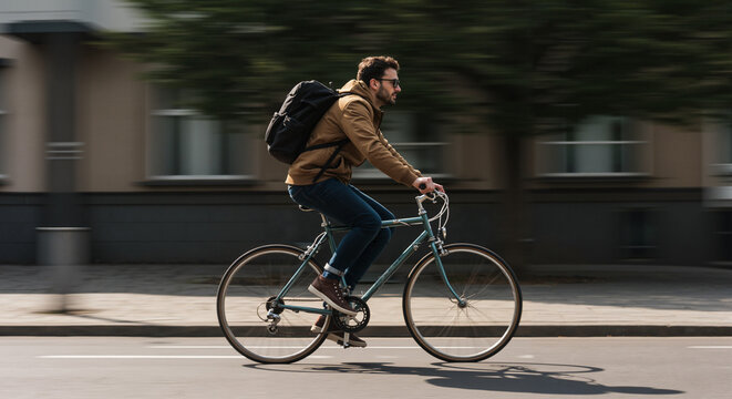 Man riding a bicycle with joy with city backdrop  