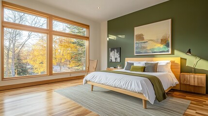 Elegant bedroom showcasing a lime olive bed, a minimalist khaki green accent wall for art, warm wood tones from parquet floors, large windows adding natural light 