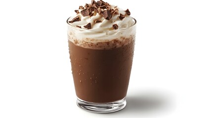 Indue in a delicious chocolate frappe topped with whipped cream and chocolate shavings perfect for a sweet treat.