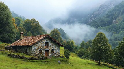 Obraz premium Traditional Basque stone house in the heart of the Pyrenees surrounded by green pastures and mist covered mountains captured with a prime lens