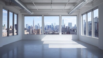 Empty office with minimalist decor, expansive windows framing a clear view of New York skyline and iconic landmarks, subtle urban haze in the distance 