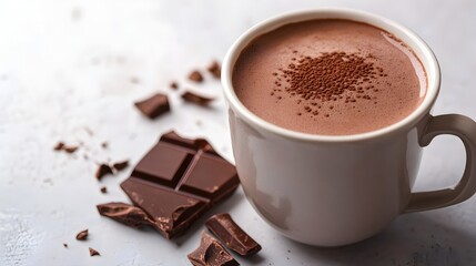 Warm comforting cup of rich hot chocolate garnished with cocoa powder next to broken pieces of dark chocolate bar on a light grey surface.