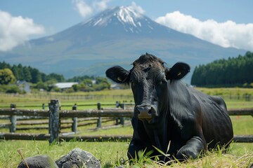 Wagyu cow Bos taurus resting traditional Japanese farm well marbled muscles smooth black coat reflecting premium status farm's wooden fences picturesque mountain backdrop complete the tranquil setting