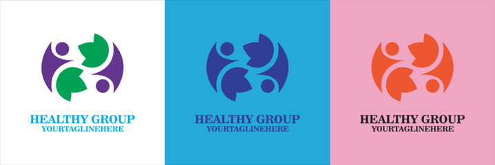 A modern logo featuring abstract human figures forming a circle, symbolizing teamwork, and well-being. Presented in three color variations, this design is perfect for health organizations.