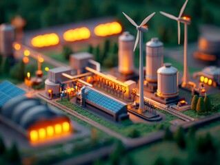 Sustainable Energy Plant with Wind Turbines and Solar Panels Industrial Site Miniature Model Evening Glow Renewable Concept