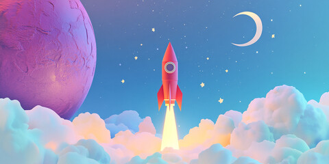 Stylized rocket launching through pastel cloudscape,  planet, moon and stars background, symbolizing new beginnings, innovation and dreams