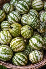 Fototapeta premium Striped Green and White Mini Pumpkins in Basket