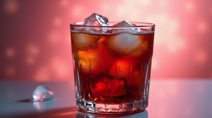 A glass of dark liquid with ice cubes against a red background.
