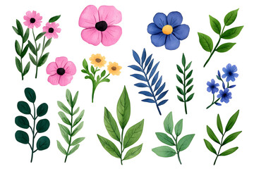 Watercolor wildflowers and leaves illustration set isolated on white