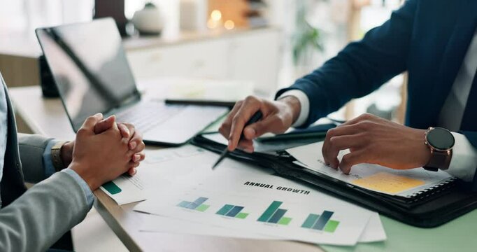 Finance, meeting and statistics with business people in office for advice, consulting or investment. Data, documents and hands of financial advisor with client at work to explain portfolio growth