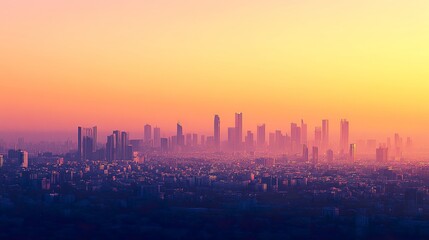 Fototapeta premium Expansive view of Riyadh at dusk, its skyline glowing against a warm gradient sky, skyscrapers standing prominently amidst the sprawling urban landscape, soft shadows creating depth 