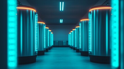 Futuristic Server Room Rows of Glowing Data Towers High-Tech Facility Digital Landscape Interior Perspective Innovation in Technology