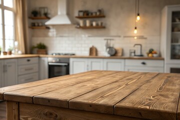 A rustic farmhouse kitchen's inviting wooden table, ready for a heartwarming meal, bathed in soft, natural light.