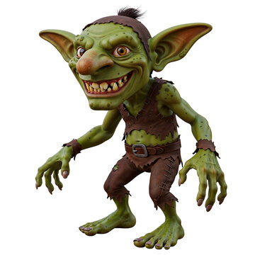 Mischievous green goblin character, fantasy creature with large ears and crooked smile, wearing brown leather outfit, 3D rendering for gaming or children's story illustration