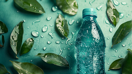 Cool, refreshing water bottle surrounded by dewy green leaves on a teal background, showcasing purity, hydration, and natural freshness