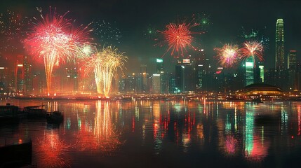 Festive cityscape with fireworks painting the clean night sky, buildings outlined in warm light, reflections of red and green sparks shimmering in the water 