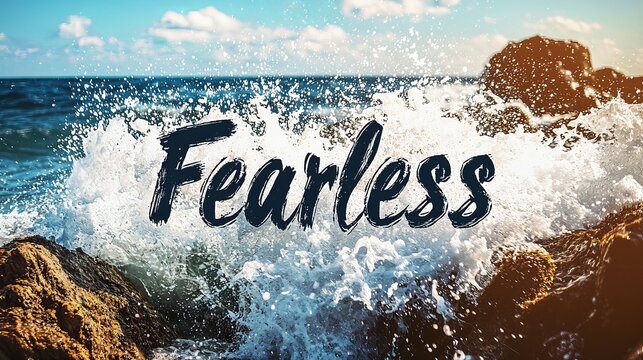 Dynamic waves crashing against rugged rocks, embodying the spirit of being fearless in nature's embrace.