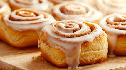 Fototapeta premium Dessert American rich soft. Freshly baked cinnamon rolls topped with creamy icing, showcasing a soft, fluffy texture and a spiral design, perfect for breakfast or dessert.