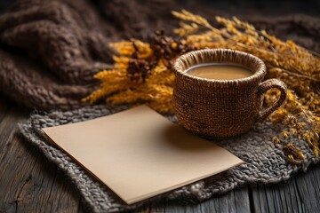 Cozy Autumn Still Life,  Coffee Mug Blank Note Knitted Blanket Dried Flowers