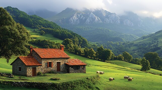 Traditional Basque farmhouse nestled in a green valley with sheep grazing nearby and the Pyrenees in the background captured with a prime lens