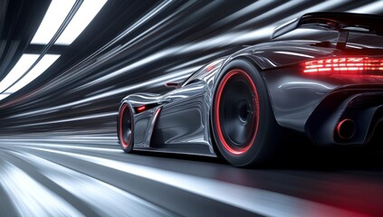 Sleek Sports Car Driving Fast Through Abstract Light Tunnel Motion